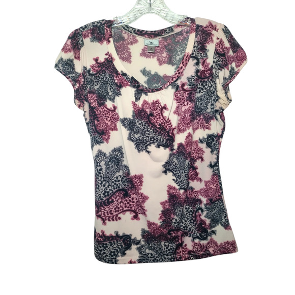 Worthington Womens Cap Sleeve Scoop neck Floral Blouse Pink Size Medium - Picture 11 of 12